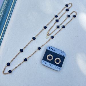 VTG 1928 USA Necklace Earrings Set Black Glass Bezel Crystal 14K GF Posts